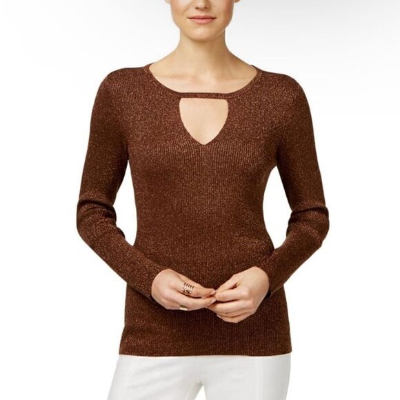 I.N.C International Concepts Brown Bronze Metallic Keyhole Blouse Top Size L - Picture 1 of 9